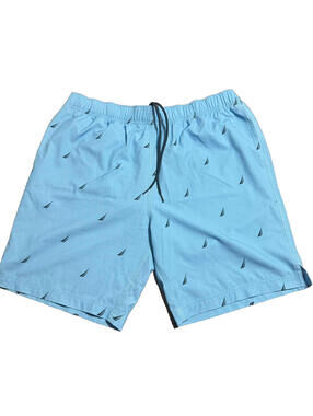 Nautica Mens Sz L Light Blue Swim Trunks Mesh Lined Logo Board Shorts EUC